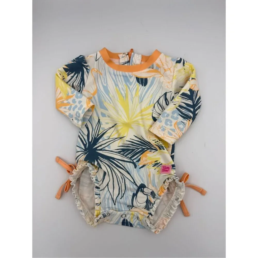 RuffleButts Toddler Tropical Floral Rash Guard One Piece Swimsuit Size 3-6Mo